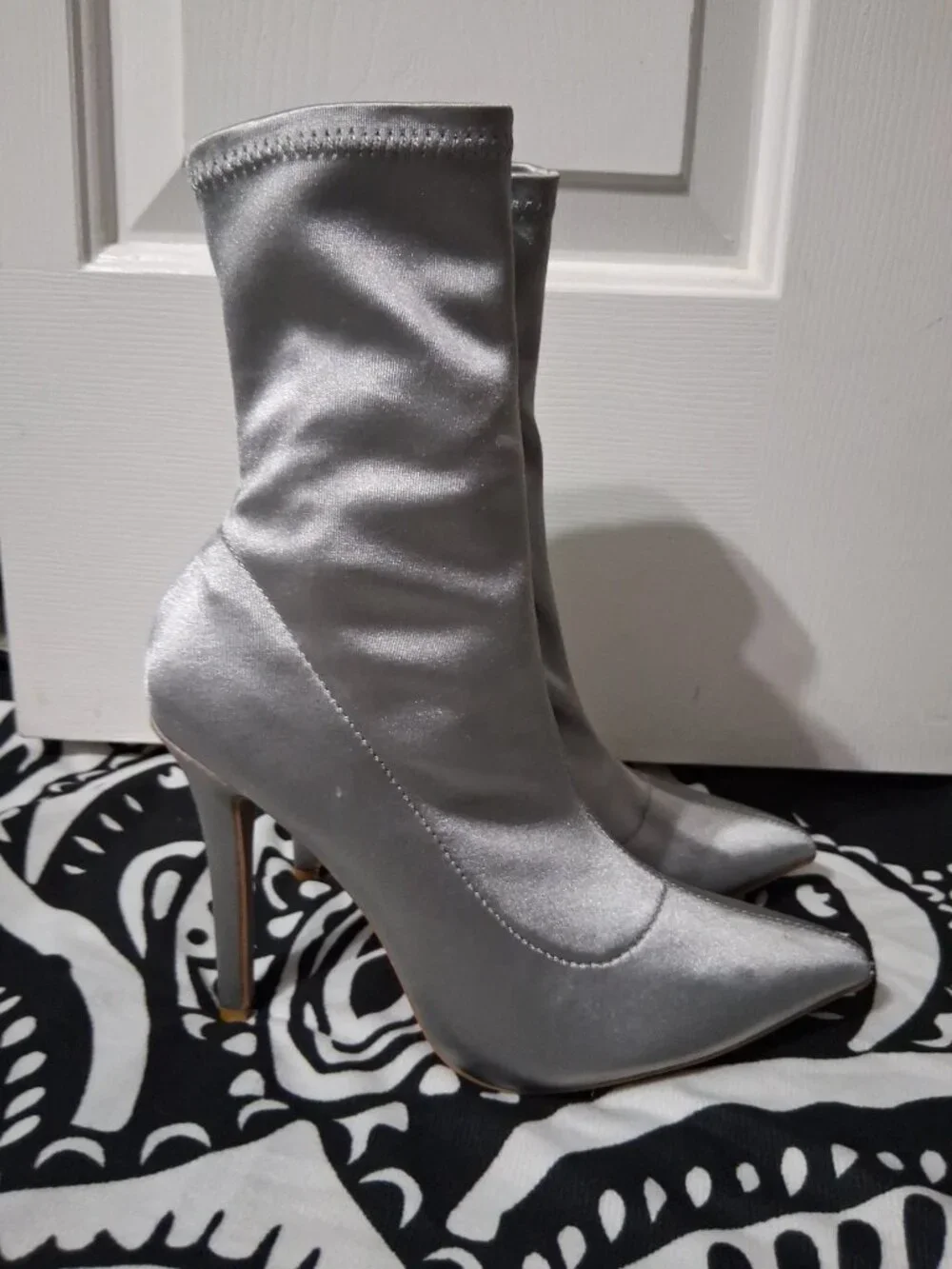 Qupid Silver Stretch Satin Sock Boots Pointed Toe Stiletto Heels